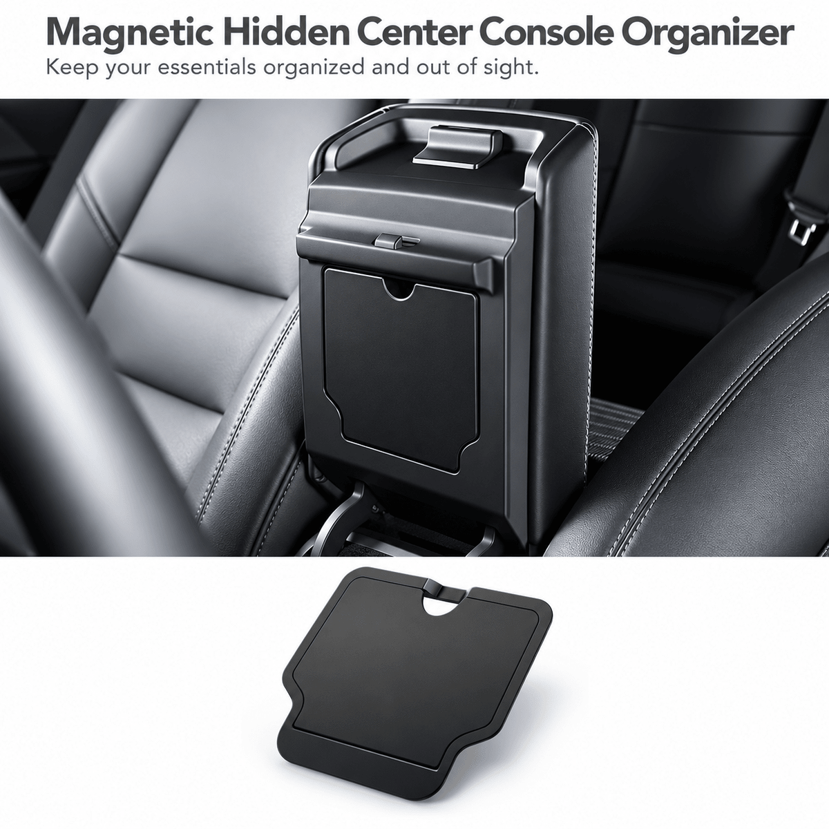 Magnetic hidden console organizer attached to the rear of a raised console lid, with its removable panel below