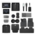 Model 3 accessory bundle overview with screen protectors, console organizers, pedal covers, jack pads, phone mount, cable, towel, key holder, and floor mats