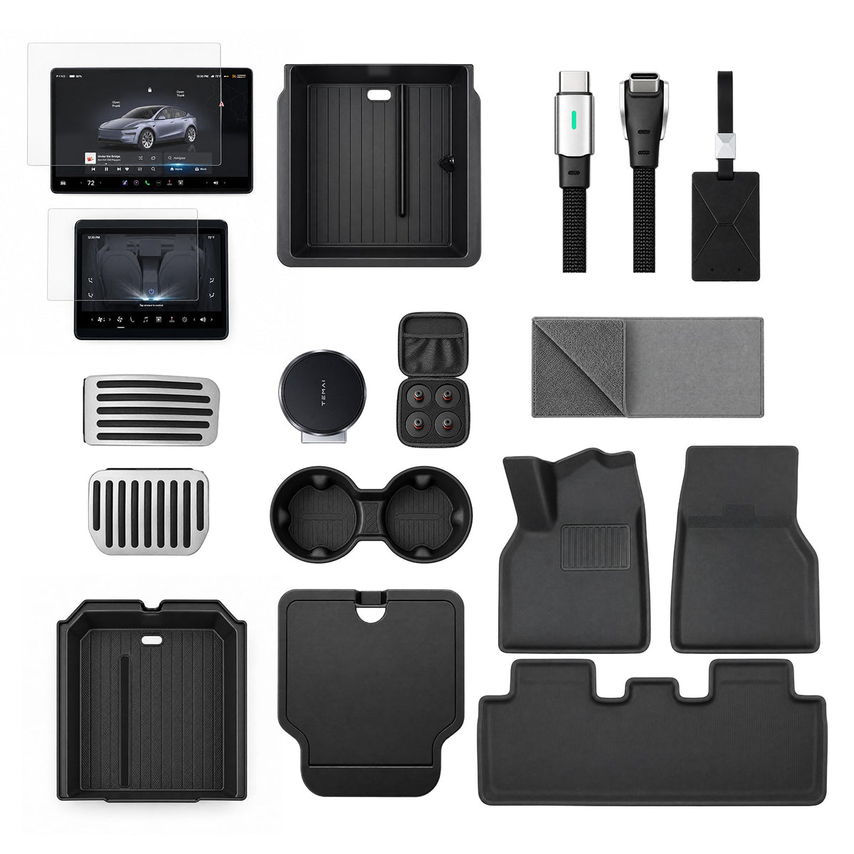 Model 3 accessory bundle overview with screen protectors, console organizers, pedal covers, jack pads, phone mount, cable, towel, key holder, and floor mats