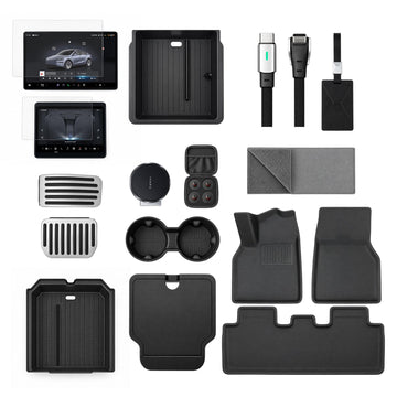 Model 3 accessory bundle overview with screen protectors, console organizers, pedal covers, jack pads, phone mount, cable, towel, key holder, and floor mats