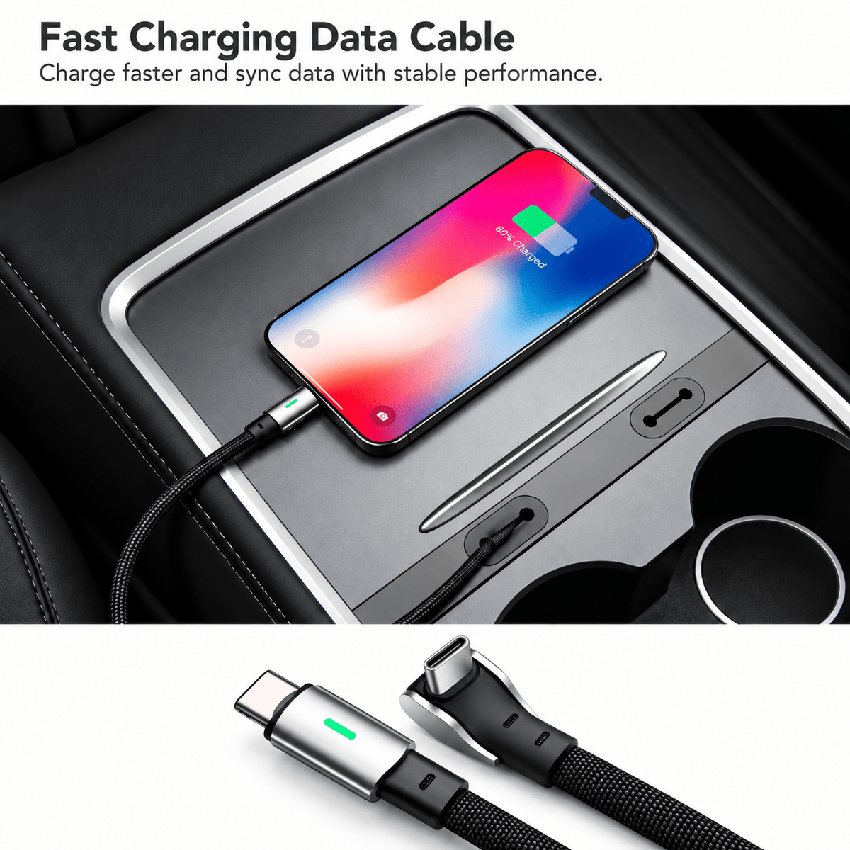 Phone connected to a charging cable in the center console, with USB-C connector close-ups below