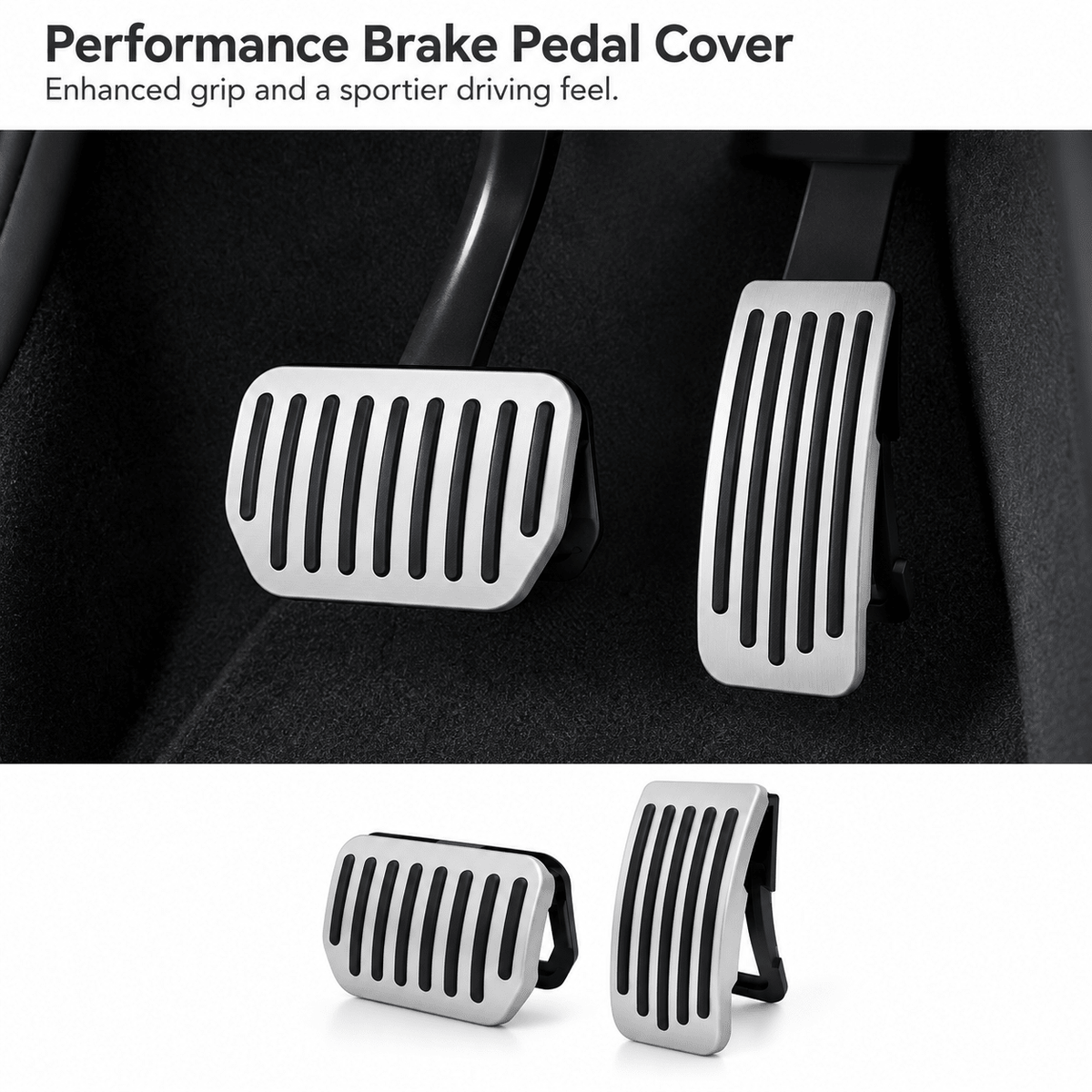 Silver pedal covers with black grip strips shown installed and separately