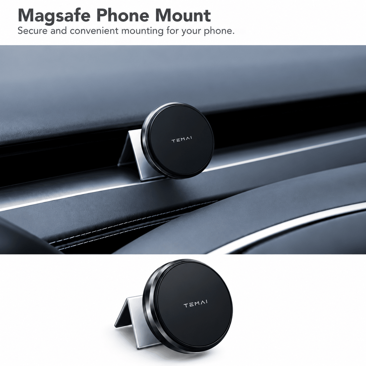 Round magnetic phone mount on a dashboard bracket, shown installed and separately