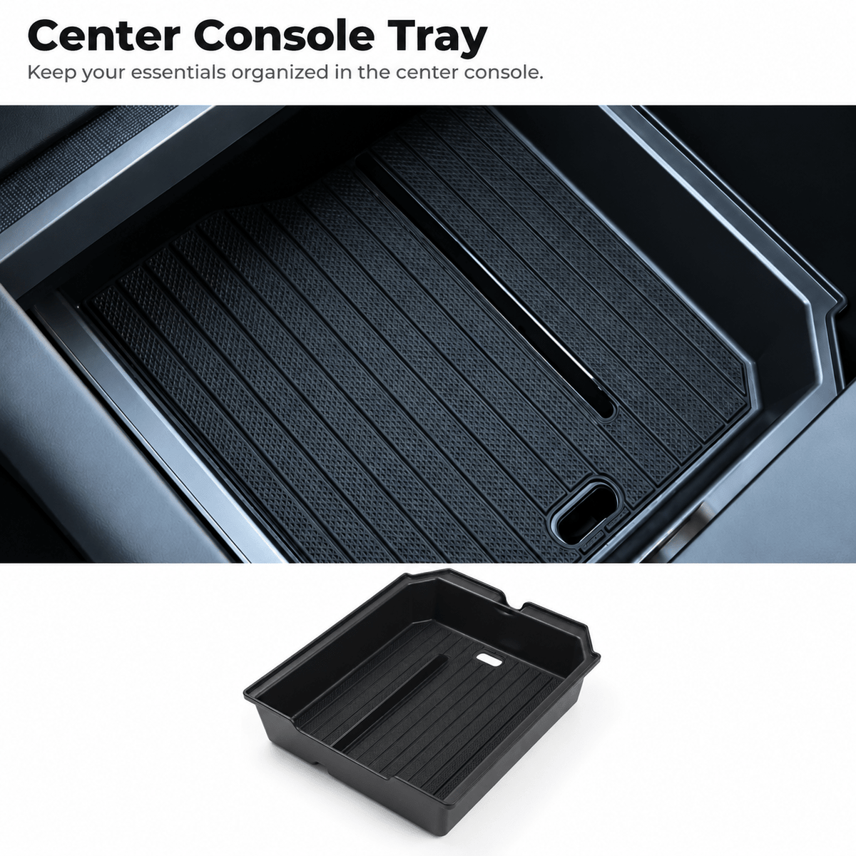 Black center console organizer tray with ribbed liner, shown installed and separately