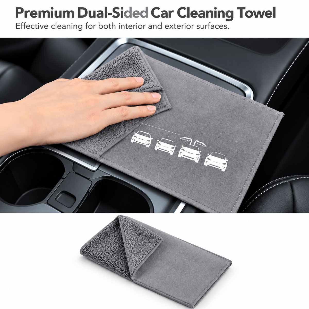 Gray dual-sided towel wiping the center console above a folded view showing both fabric textures