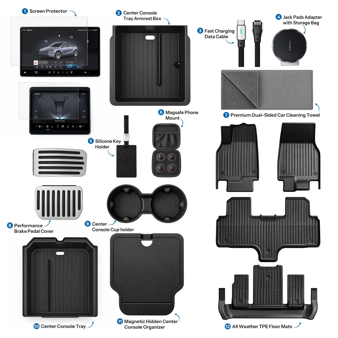 Accessory bundle collage with screen protectors, console organizers, charging cable, pedals, towel, jack pads, phone mount and floor mats.