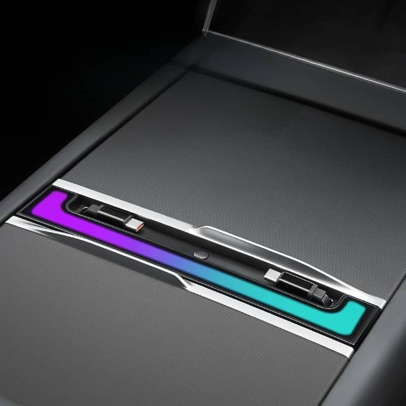 Center Console USB Hub with Ambient Lighting USB-C & Lightning Pull-Out Cable for Model 3 Highland/New Model Y - Tesery Official Store