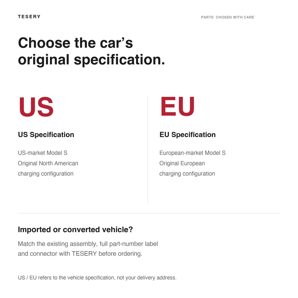 US and EU specification guide advising buyers to match the car's original charging configuration and existing assembly.