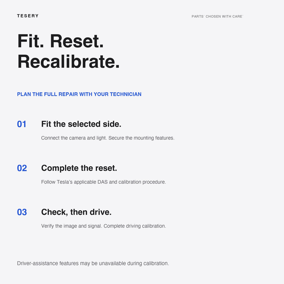 Repeater installation checklist covering correct-side fitment, the applicable reset procedure and camera-and-signal checks before calibration driving.