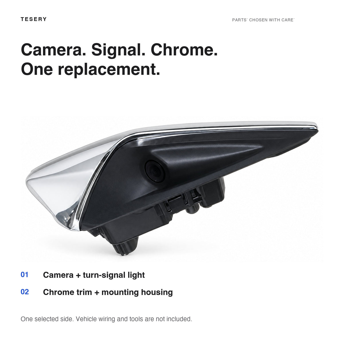 Complete repeater assembly with labels for the camera, turn-signal light, chrome trim and mounting housing.
