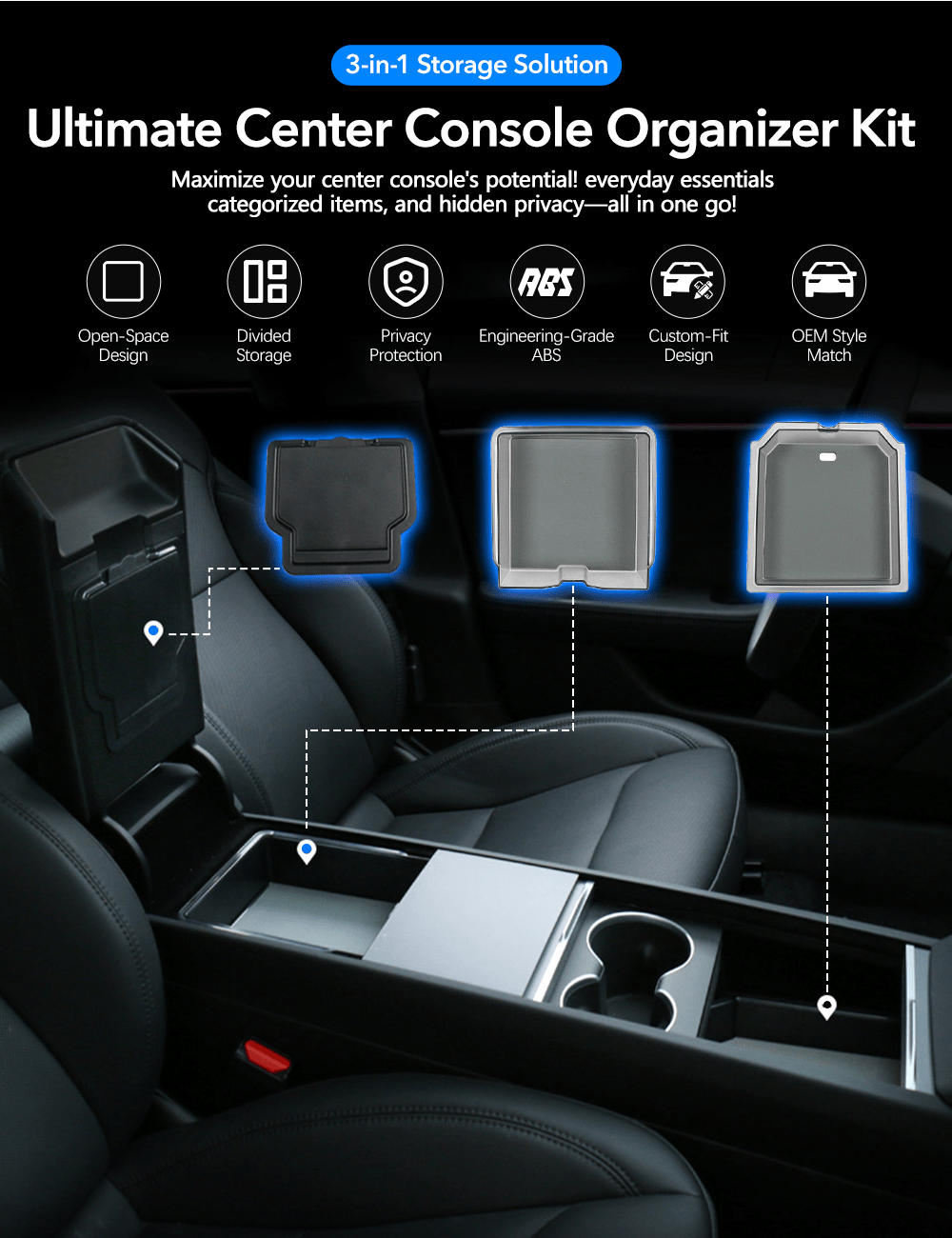 Console & Armrest Triple Storage Pack for Model Y Juniper & Model 3 Highland - Tesery Official Store