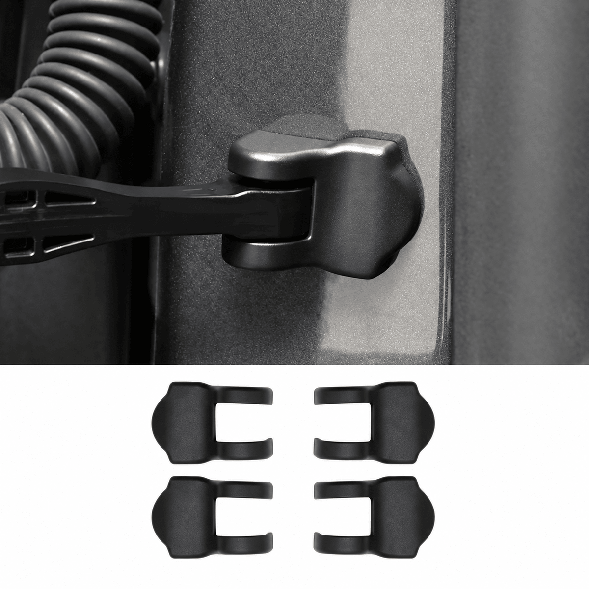 Installed black door check-arm cover above a four-piece set on white.