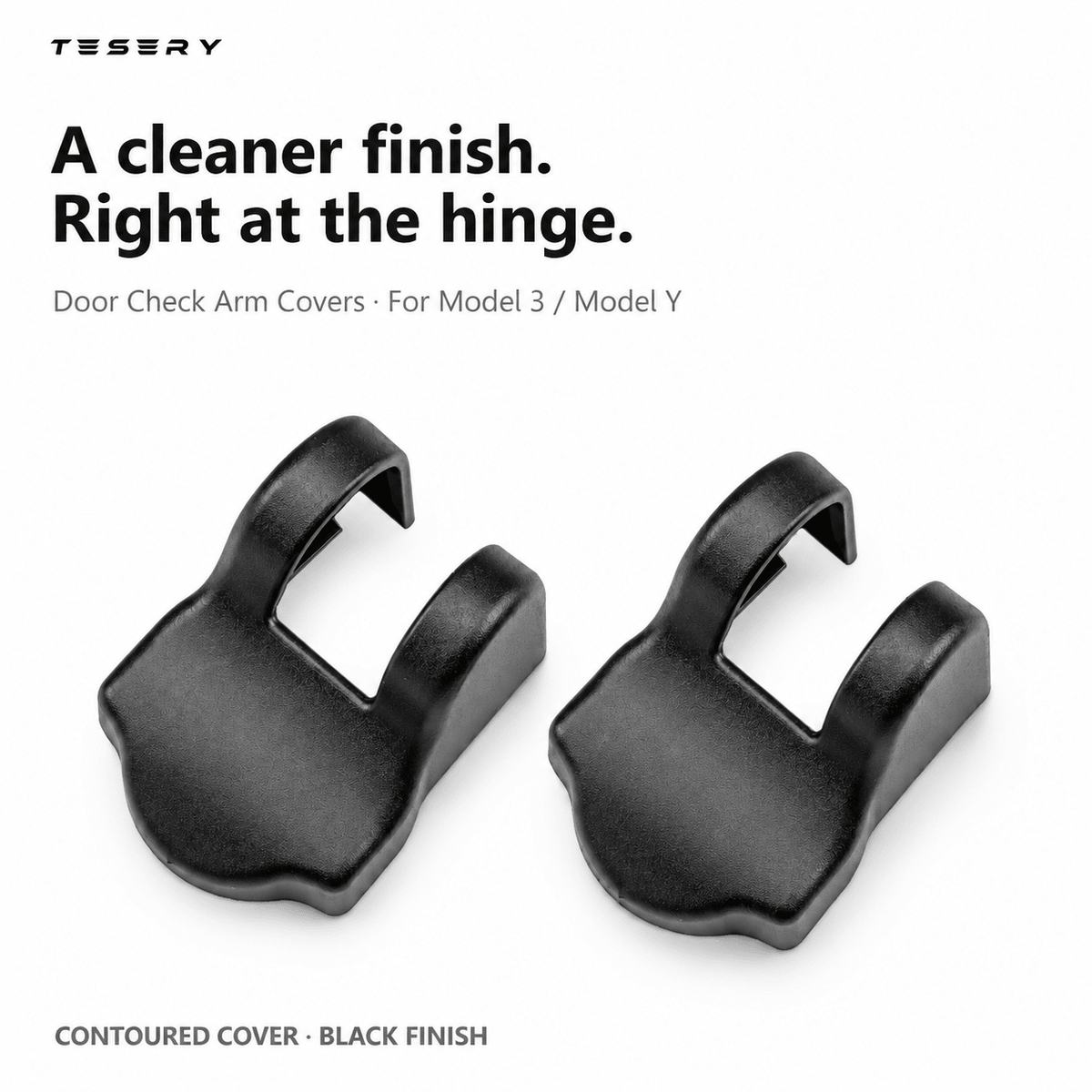 Pair of black contoured door check-arm covers shown side by side on white.