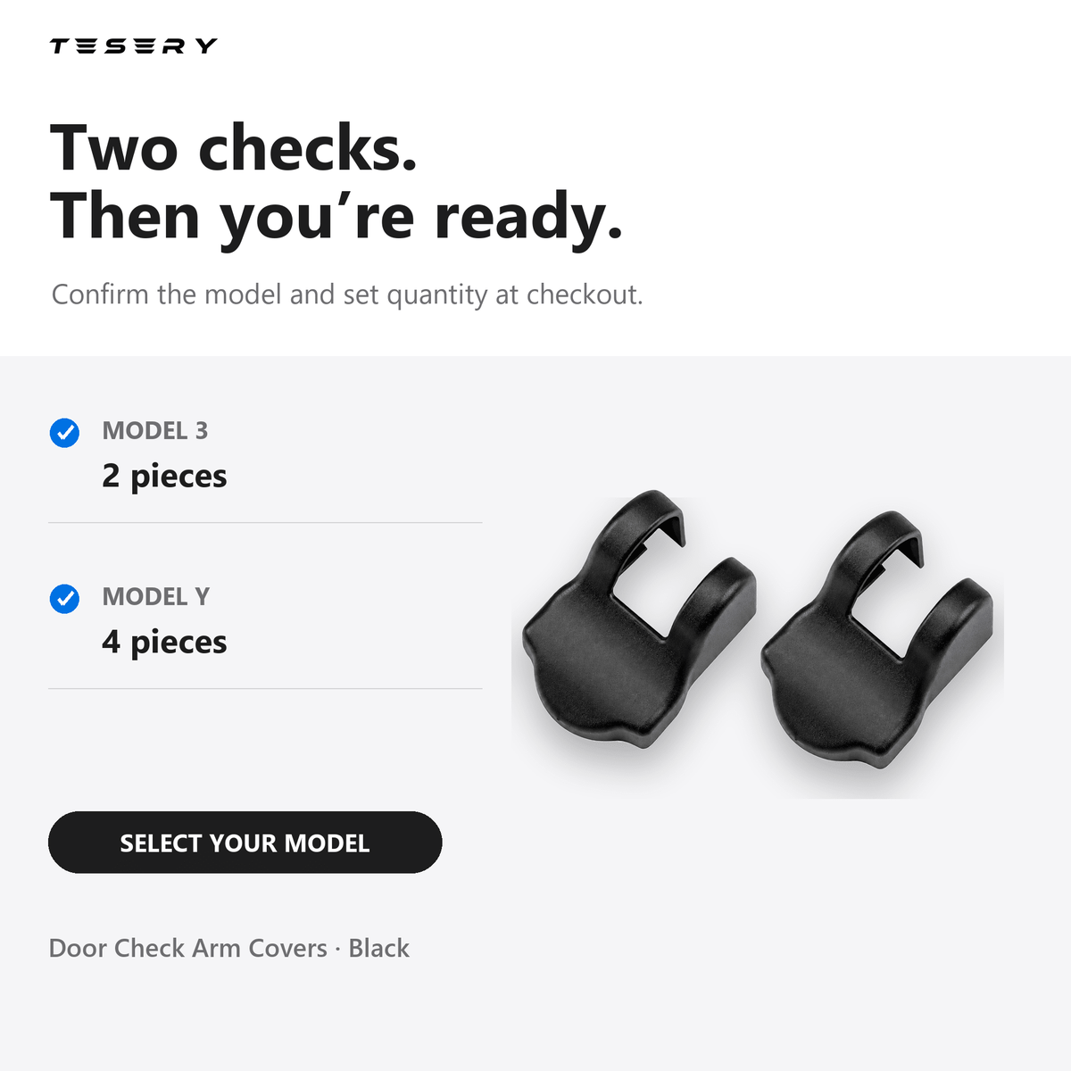 Door check-arm cover selection graphic listing two pieces for Model 3 and four pieces for Model Y.
