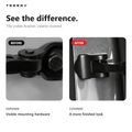 Before-and-after close-ups comparing exposed door check-arm hardware with an installed black cover.
