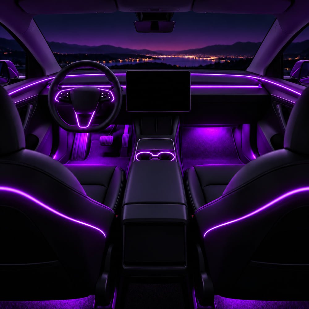 Cabin illustration with purple light along the dashboard, wheel, cupholders, front footwells and seat backs.