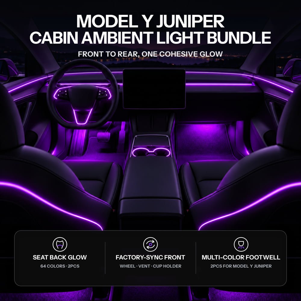 Cabin illustration with purple light along the dashboard, wheel, cupholders, front footwells and seat backs.