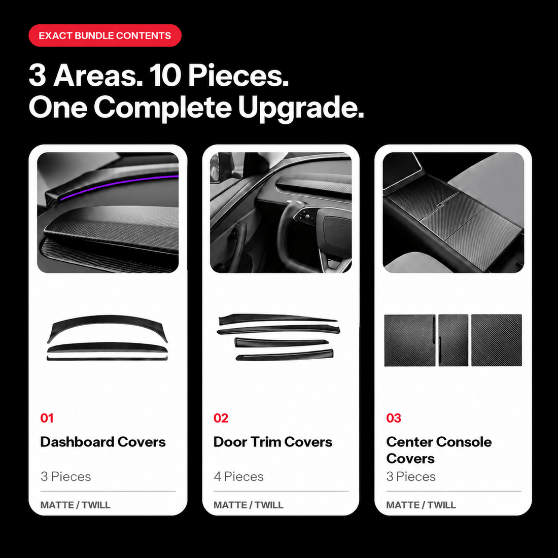 Ten carbon fiber interior covers arranged on white: three dashboard pieces, four door-trim pieces and three center-console panels.