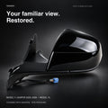 Black replacement side mirror assembly with mounting trim and wiring harness displayed on a dark background.