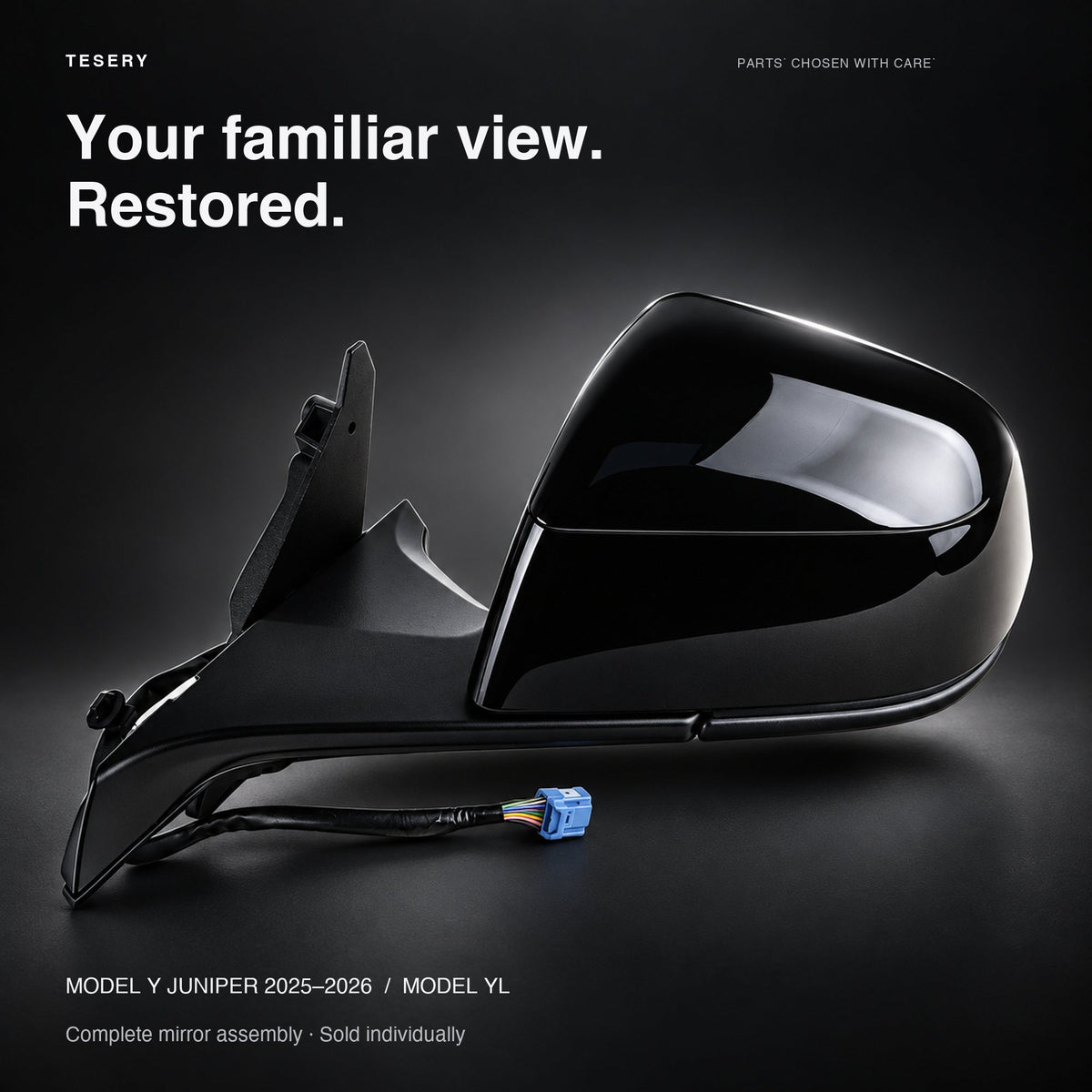 Black replacement side mirror assembly with mounting trim and wiring harness displayed on a dark background.