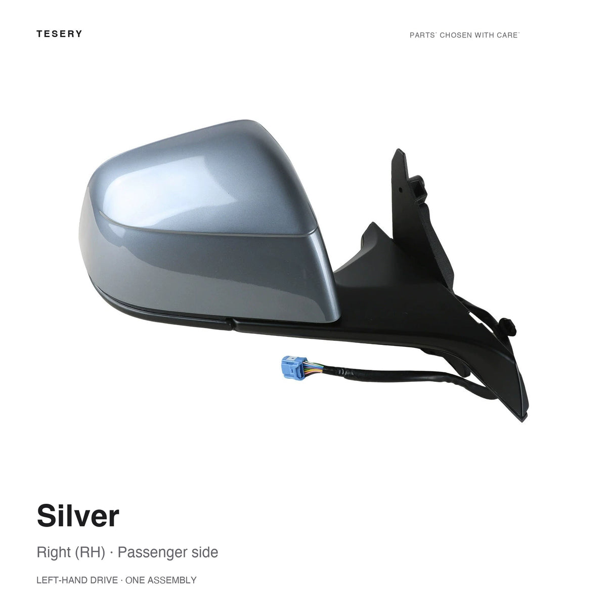 Silver right side mirror assembly for Tesla, with a black mounting base and wiring harness, labeled for left-hand-drive vehicles.