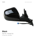 Black right side mirror assembly for Tesla, with a black mounting base and wiring harness, labeled for left-hand-drive vehicles.