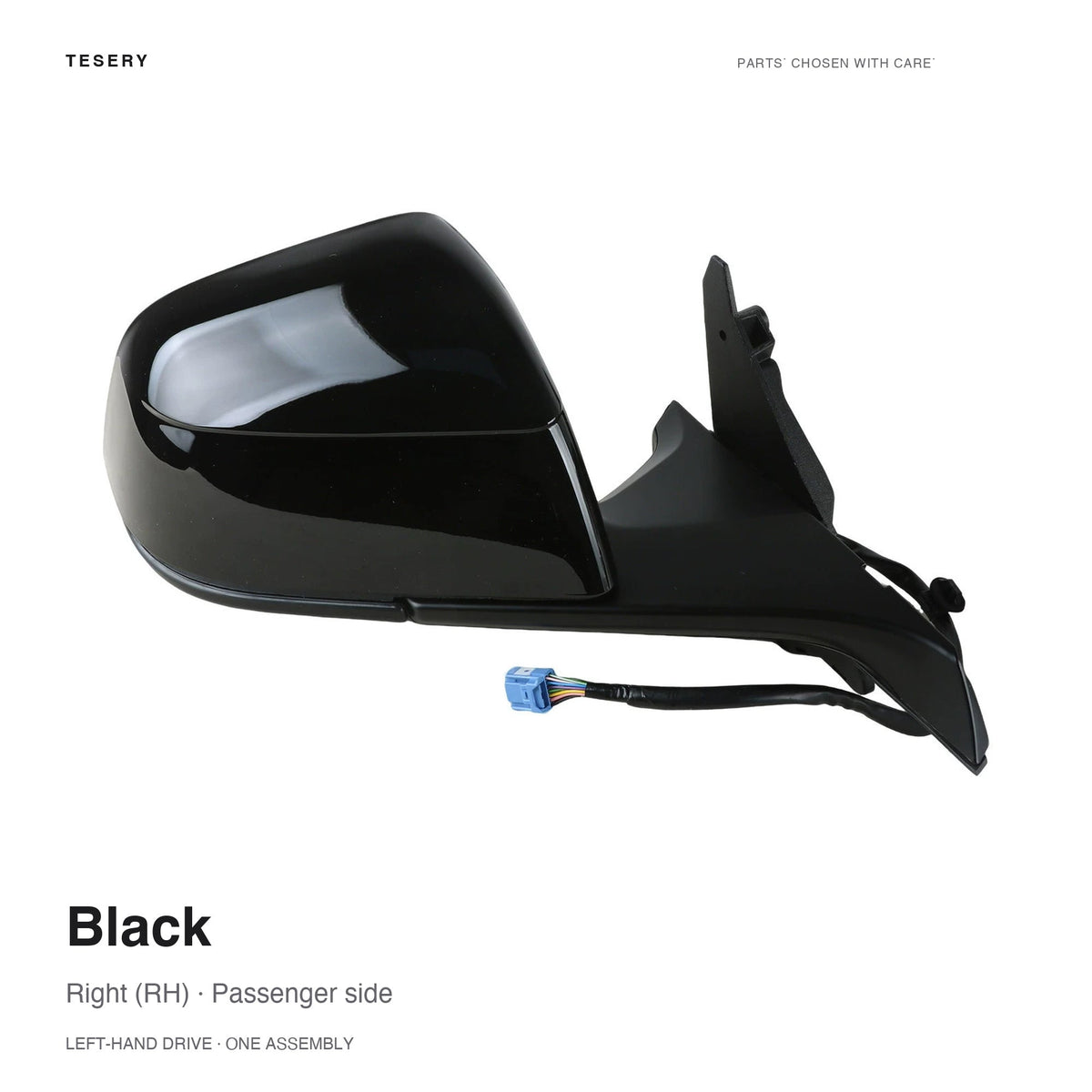 Black right side mirror assembly for Tesla, with a black mounting base and wiring harness, labeled for left-hand-drive vehicles.