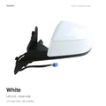 White left side mirror assembly for Tesla, with a black mounting base and wiring harness, labeled for left-hand-drive vehicles.