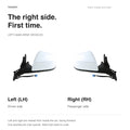 Left and right white mirror assemblies labeled driver and passenger side for left-hand-drive vehicles.