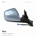 Blue right-side mirror assembly with a black mounting base and blue wiring connector, labeled RH passenger side for left-hand-drive vehicles.