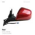 Red left side mirror assembly for Tesla, with a black mounting base and wiring harness, labeled for left-hand-drive vehicles.