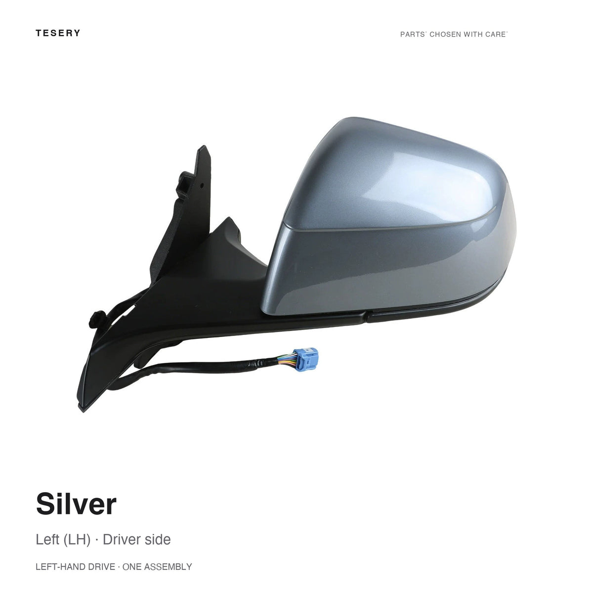 Silver left side mirror assembly for Tesla, with a black mounting base and wiring harness, labeled for left-hand-drive vehicles.