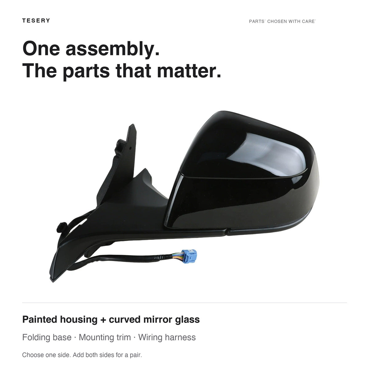 Complete black side mirror assembly with labels for painted housing, curved glass, folding base, mounting trim and wiring harness.