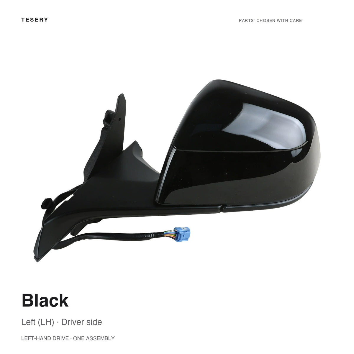 Black left side mirror assembly for Tesla, with a black mounting base and wiring harness, labeled for left-hand-drive vehicles.