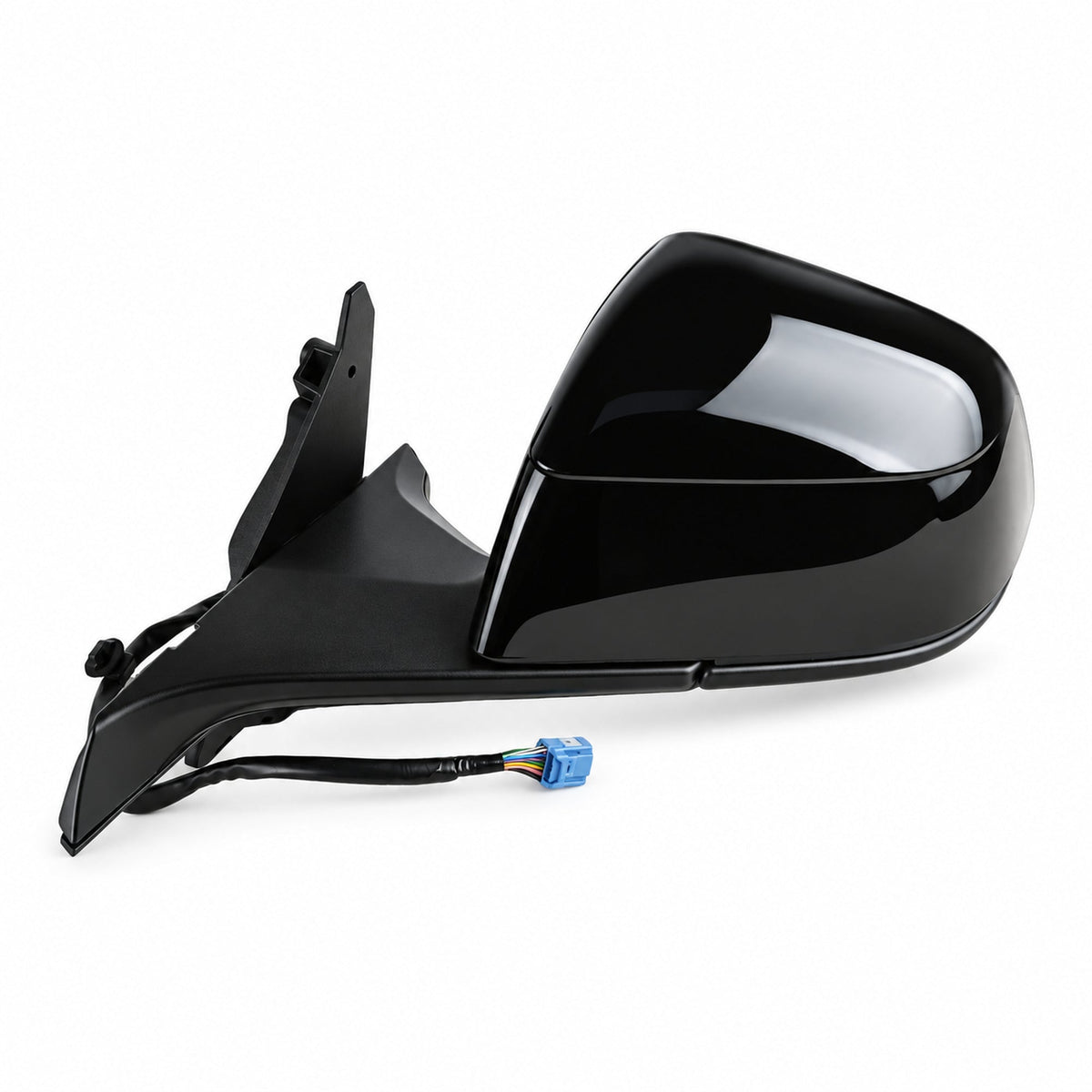 Black side mirror assembly for Tesla Model Y Juniper and Model YL, showing the housing, mounting base and blue wiring connector.