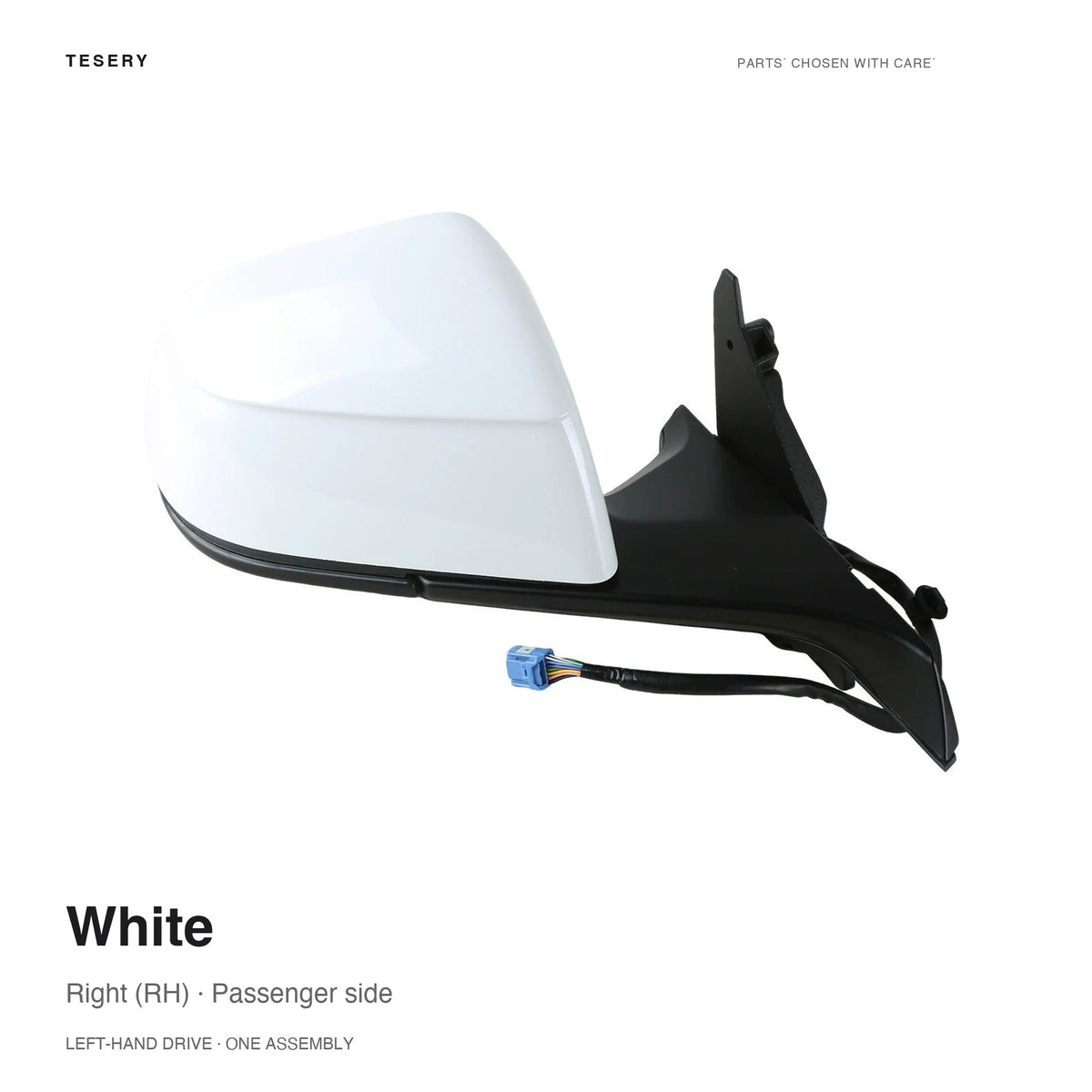White right side mirror assembly for Tesla, with a black mounting base and wiring harness, labeled for left-hand-drive vehicles.