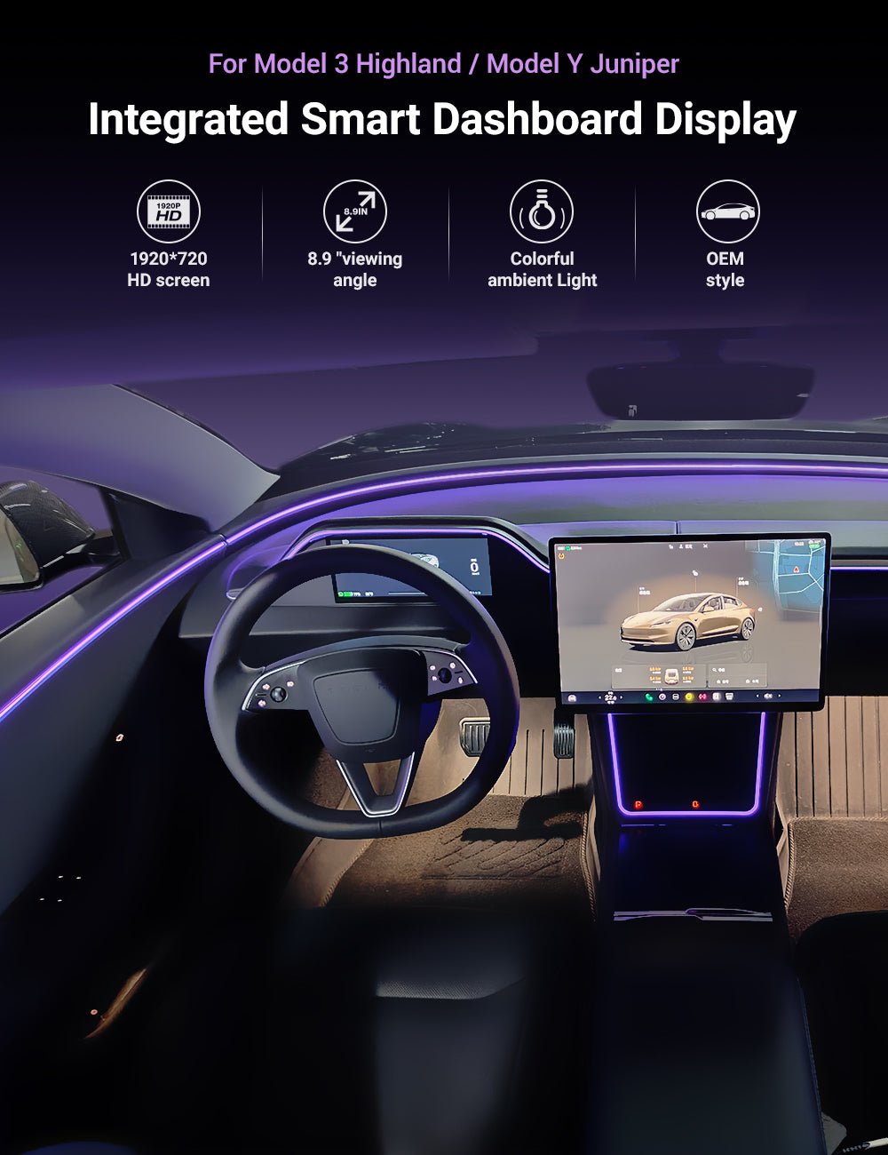 TESERY 8.9'' Integrated Dashboard Display with Ambient Lighting for Model 3 Highland / Model Y Juniper - Tesery Official Store