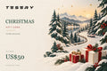 TESERY Christmas digital gift card with the official TESERY logo and US$50 gift value, snowy winter journey design