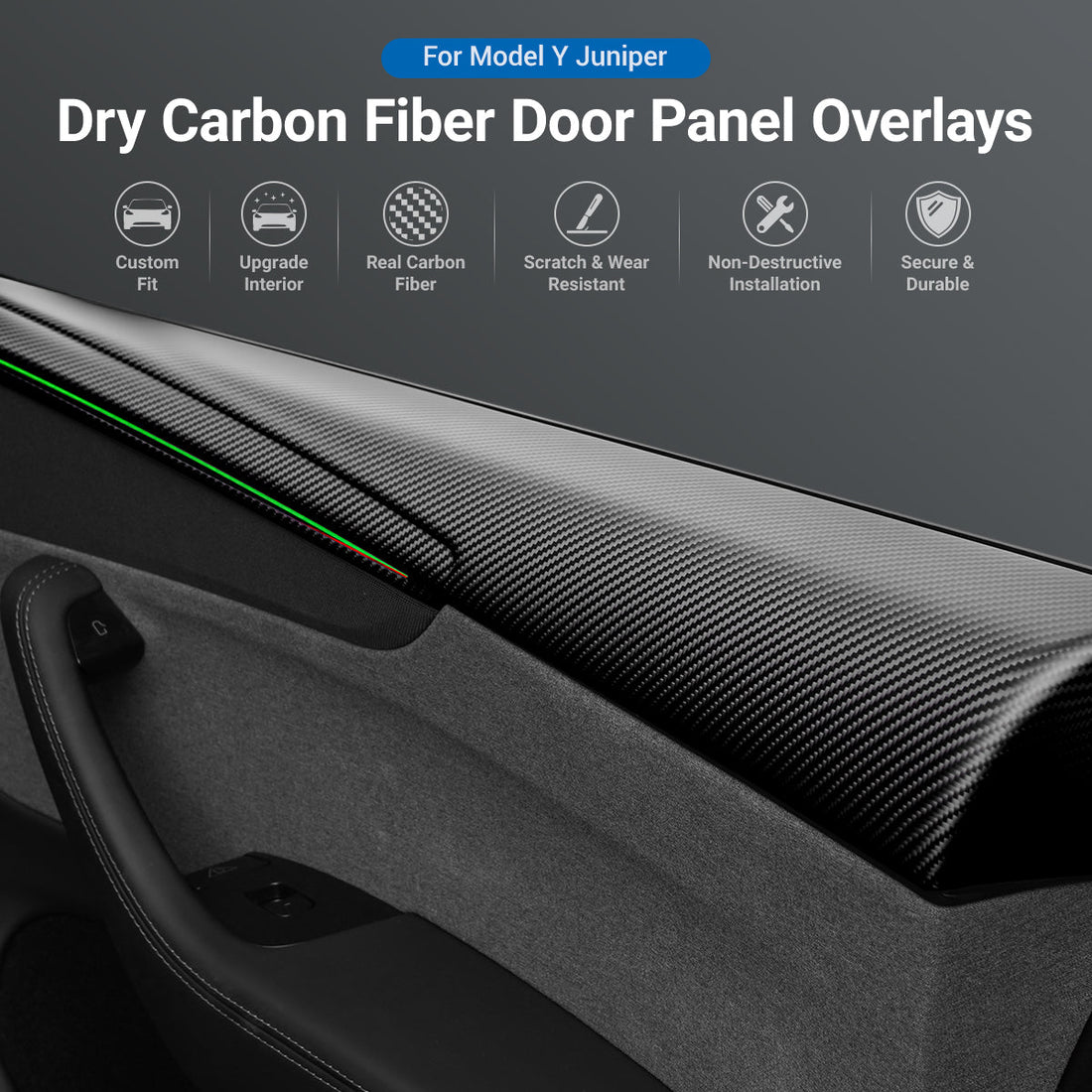 TESERY Dry Carbon Fiber Full Upper Oversized Extended Door Panel Overlays for Model Y Juniper - Tesery Official Store