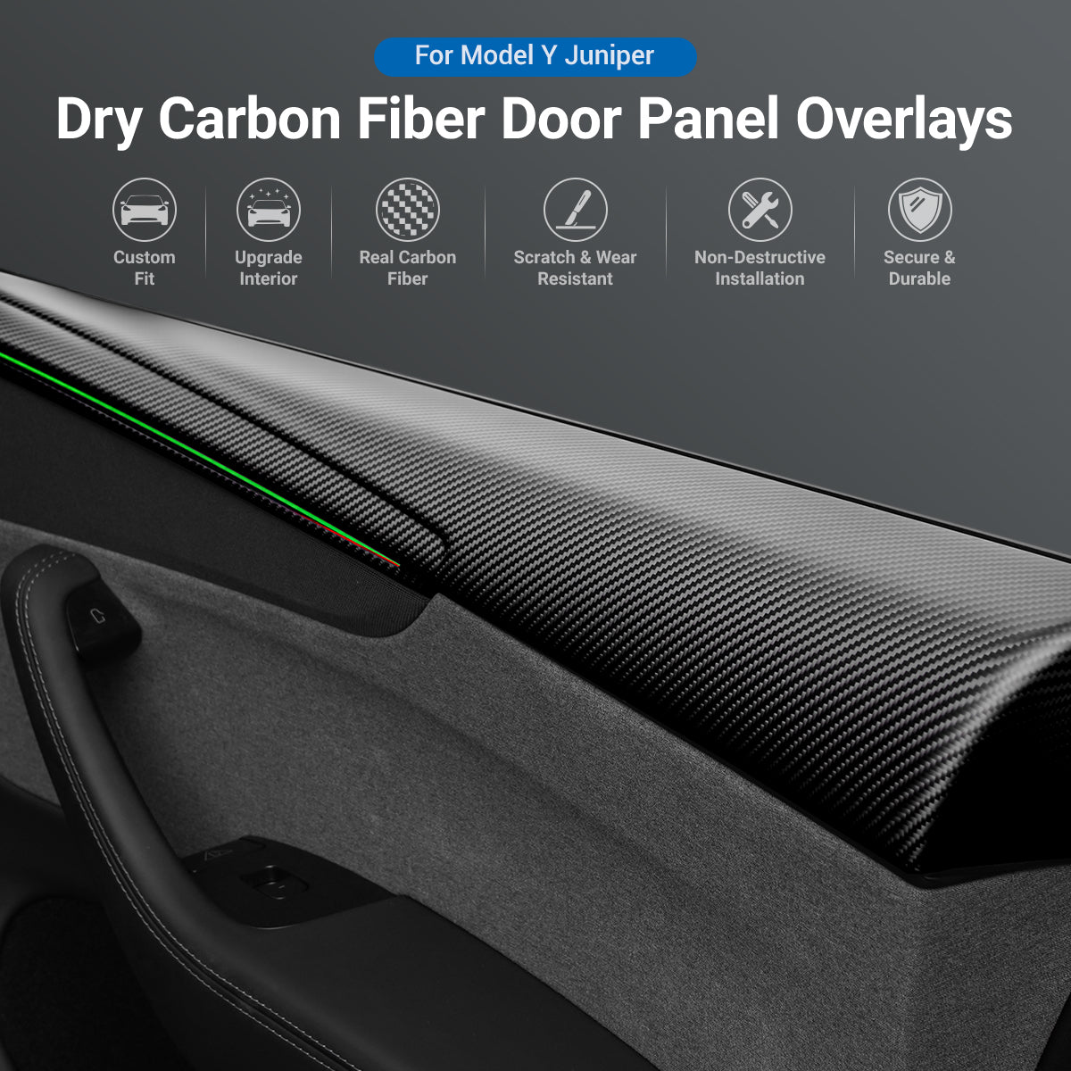 TESERY Dry Carbon Fiber Full Upper Oversized Extended Door Panel Overlays for Model Y Juniper - Tesery Official Store
