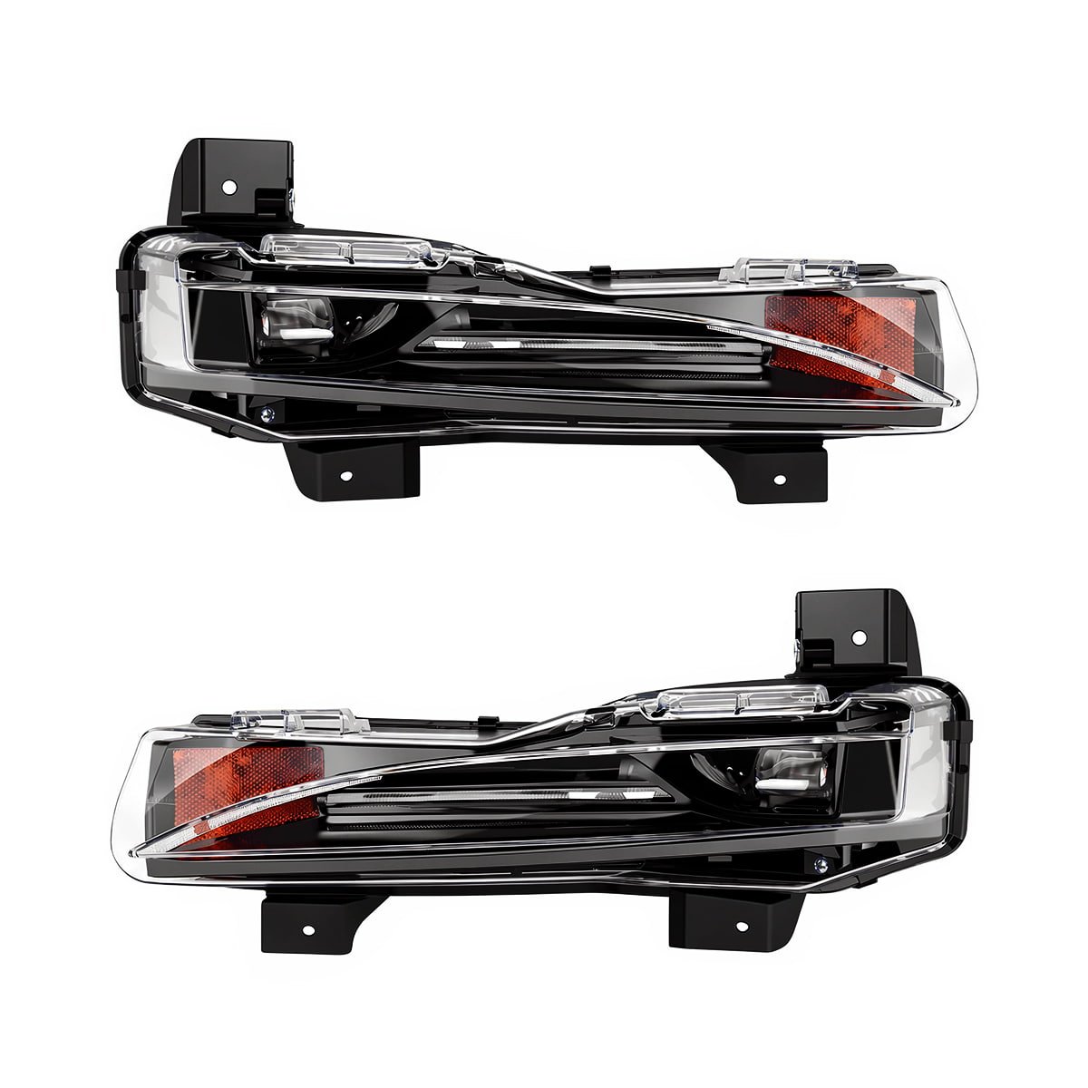 Pair of narrow bumper-light assemblies with clear lenses, dark housings and amber outer sections.