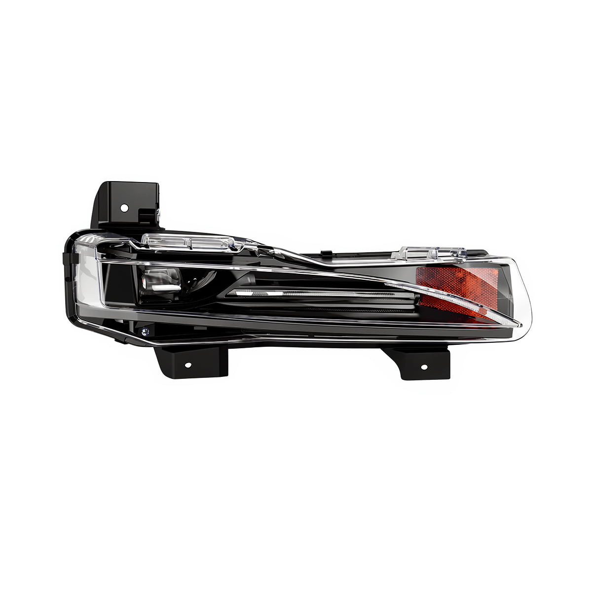 Mirrored bumper-light assembly with an amber section on the right and a rectangular inner light section.
