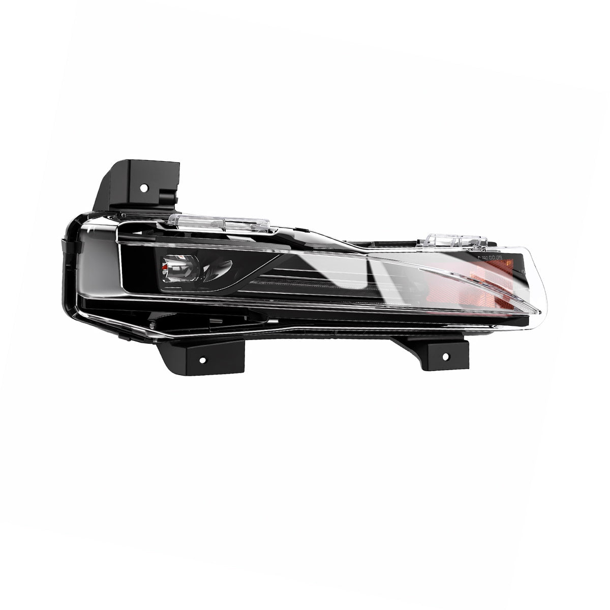 Front three-quarter view of a bumper-light assembly with a dark inner housing and amber end section.
