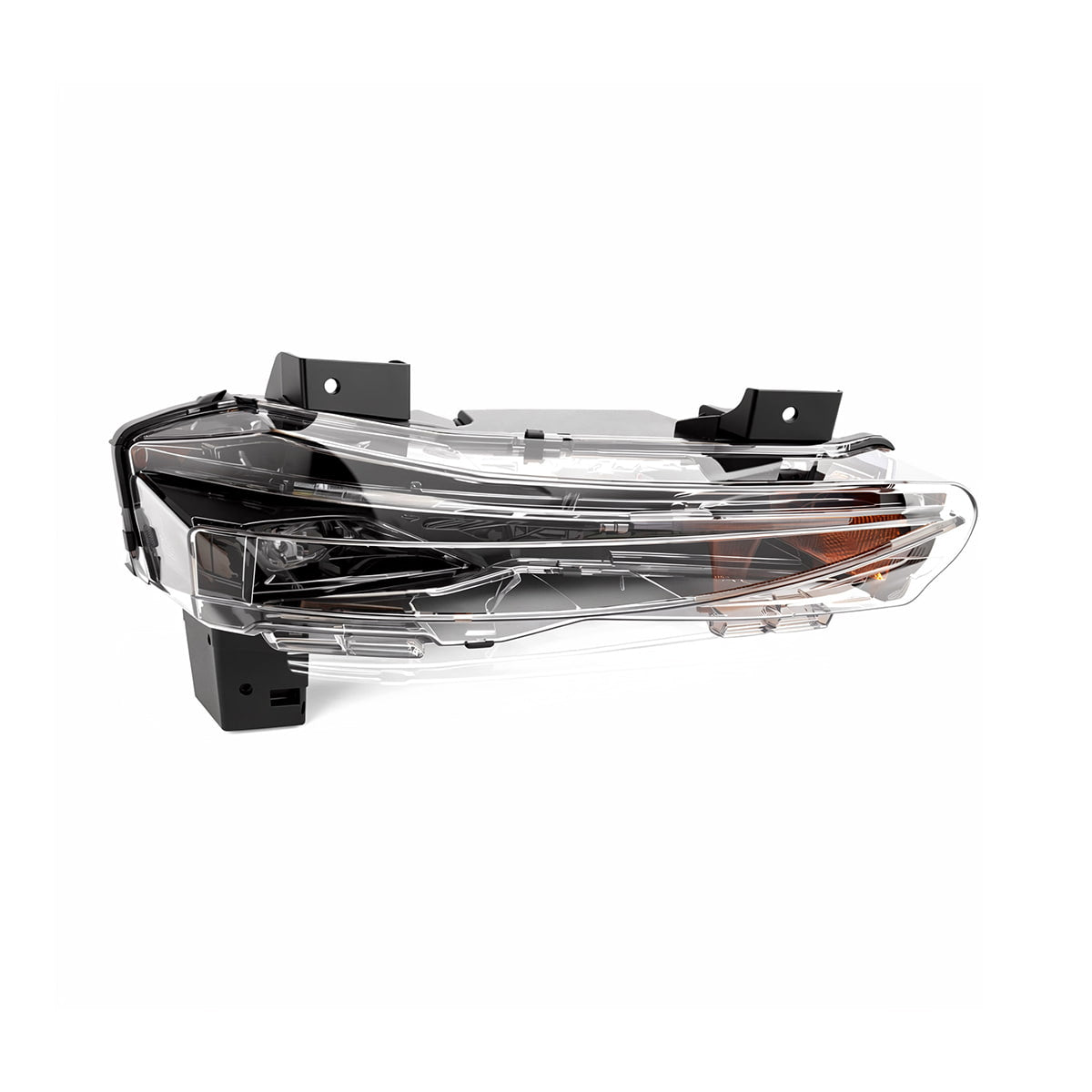 Side-angle view of a bumper-light assembly showing the curved clear lens and molded housing.