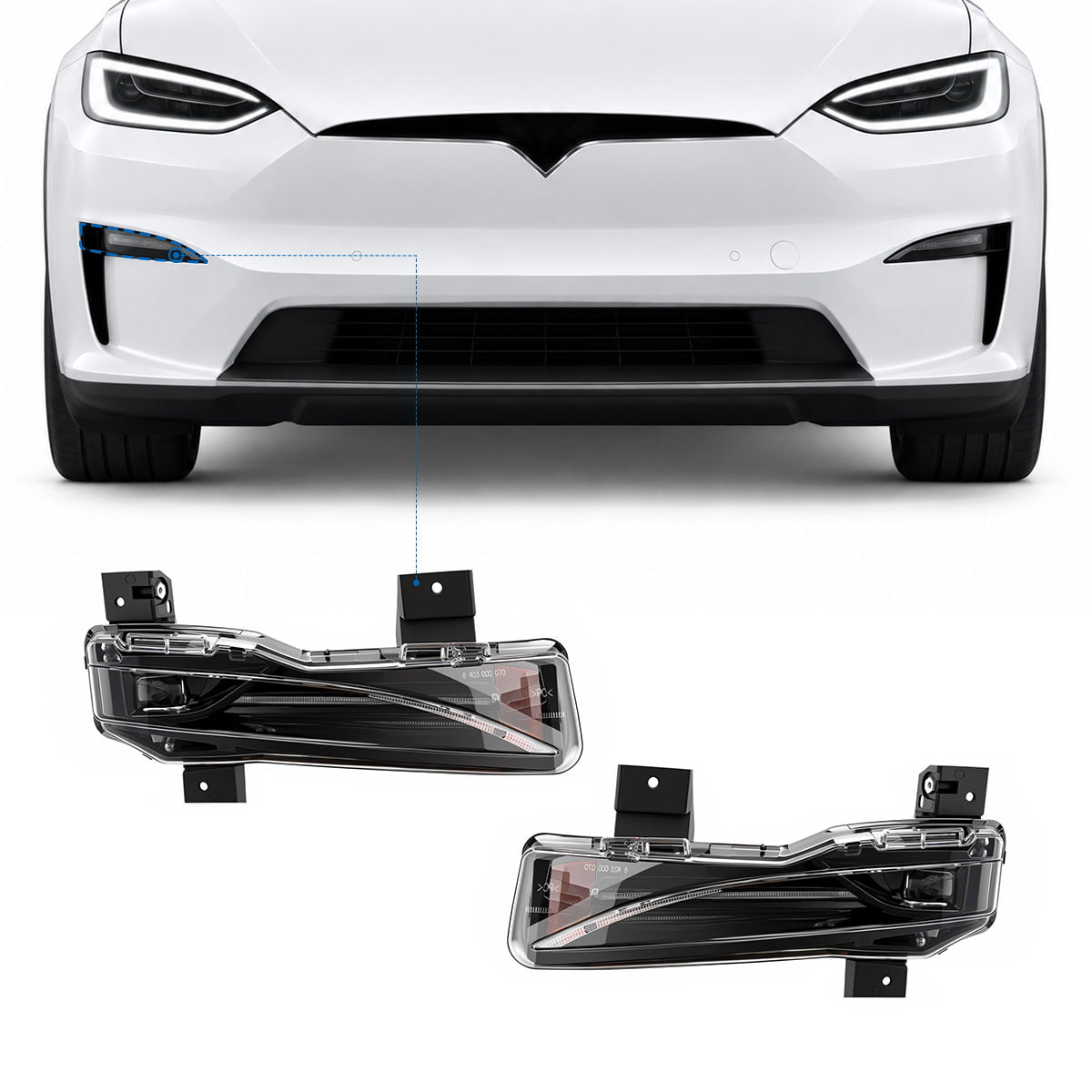 White Model X front diagram above two lower-light assemblies with a placement guide.