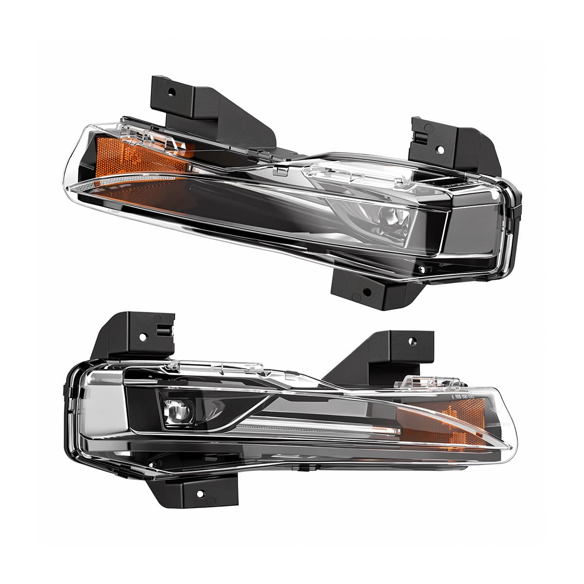Two lower-light assemblies shown at an angle with amber reflector sections and mounting tabs.
