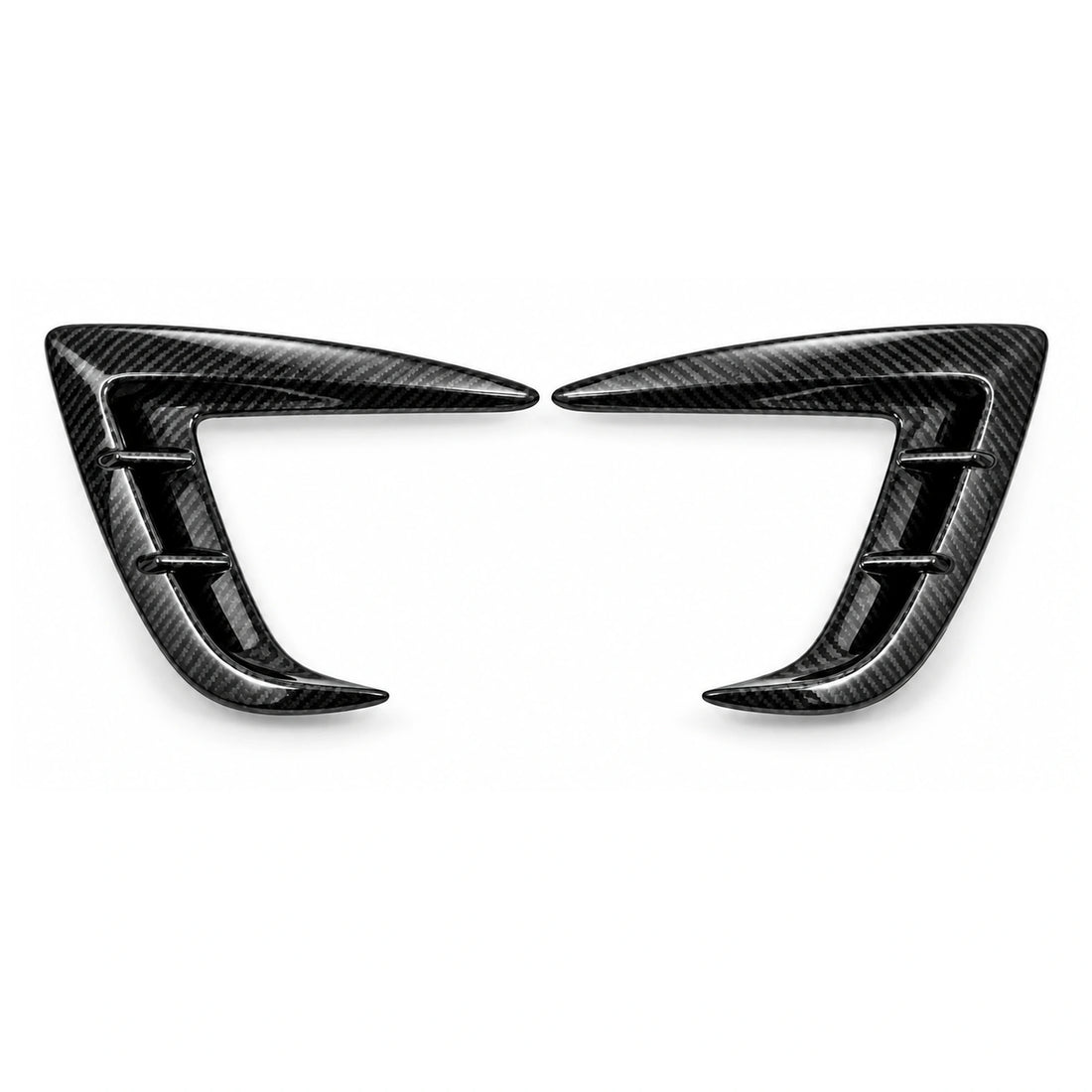 TESERY real carbon fiber front intake blade trims for Model 3 Highland Performance, two mirrored pieces on white.