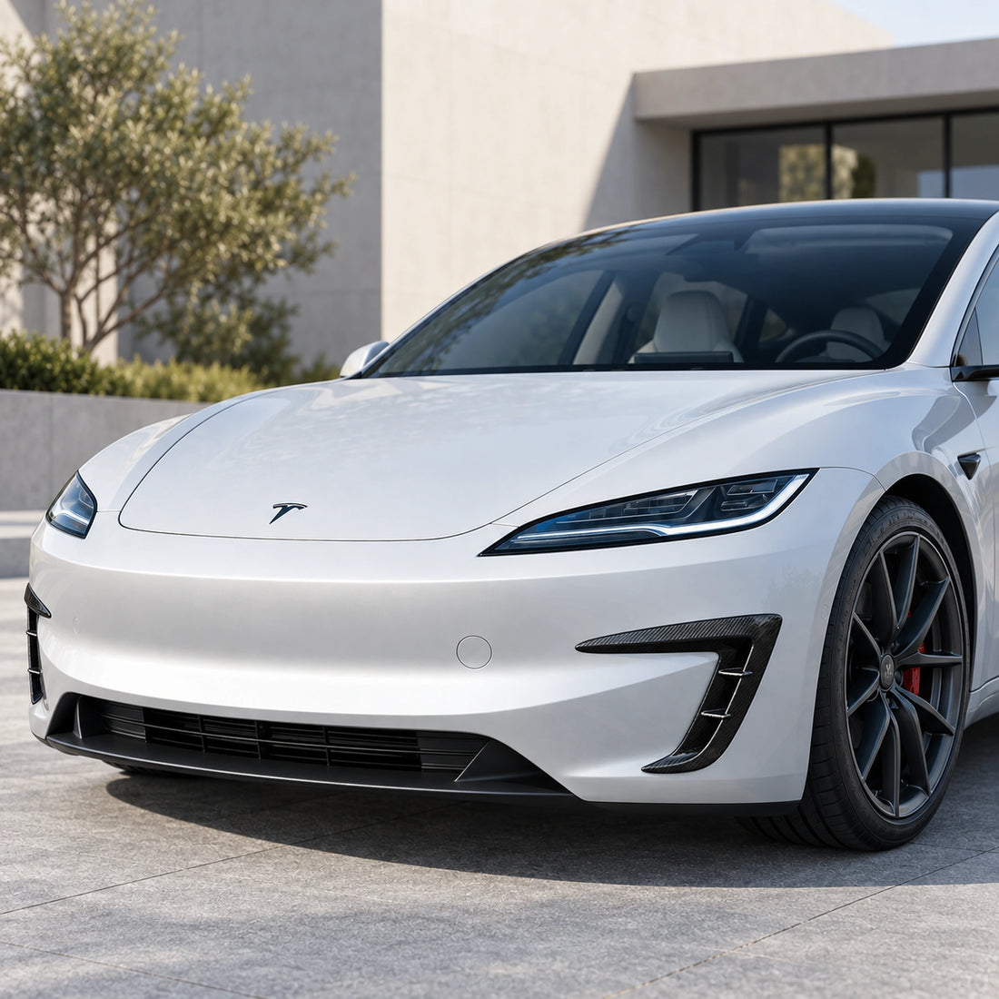 TESERY real carbon fiber front intake blade trims for Model 3 Highland Performance, two mirrored pieces on white.