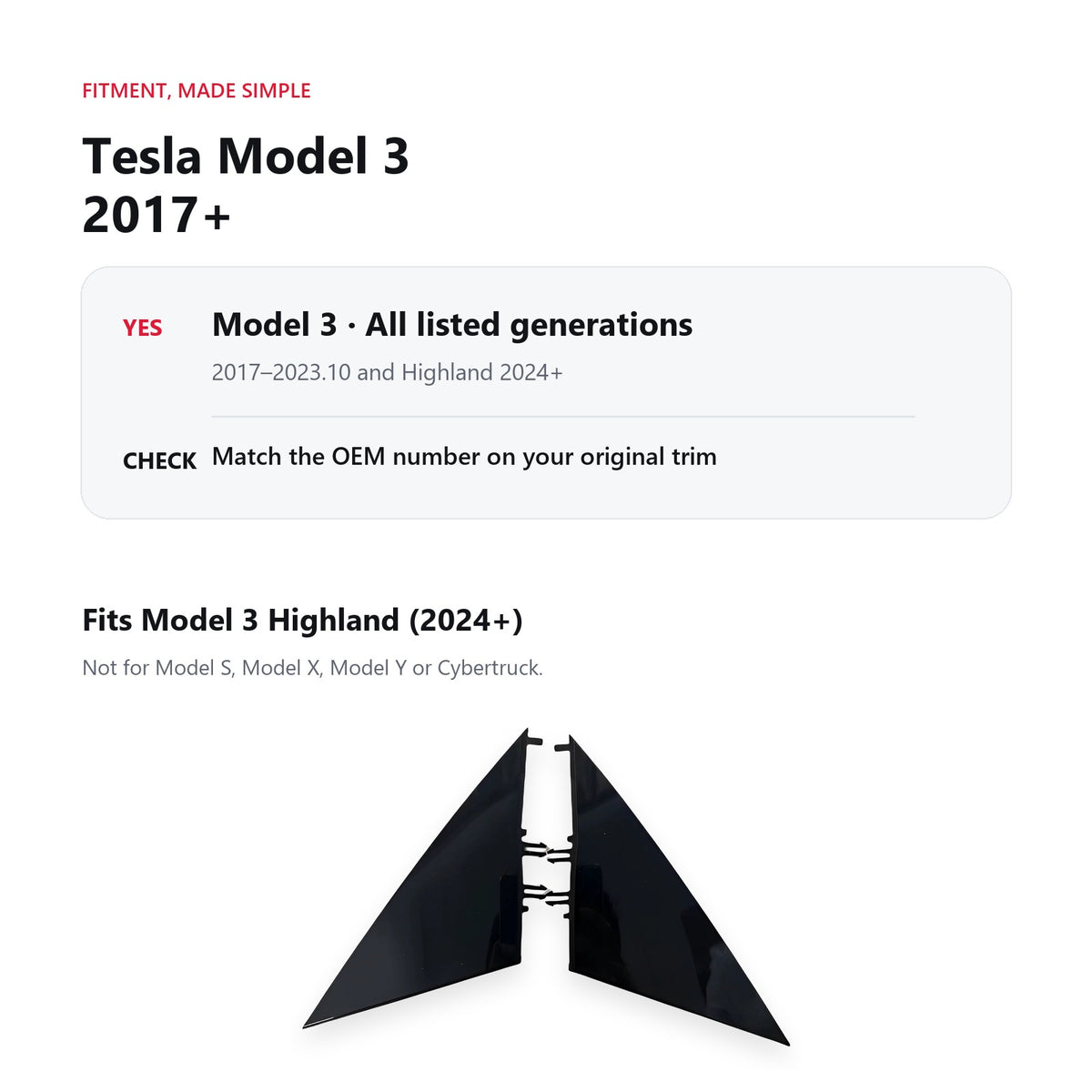 Fitment guide for Tesla Model 3 mirror triangle trim, 2017+ including Highland 2024+