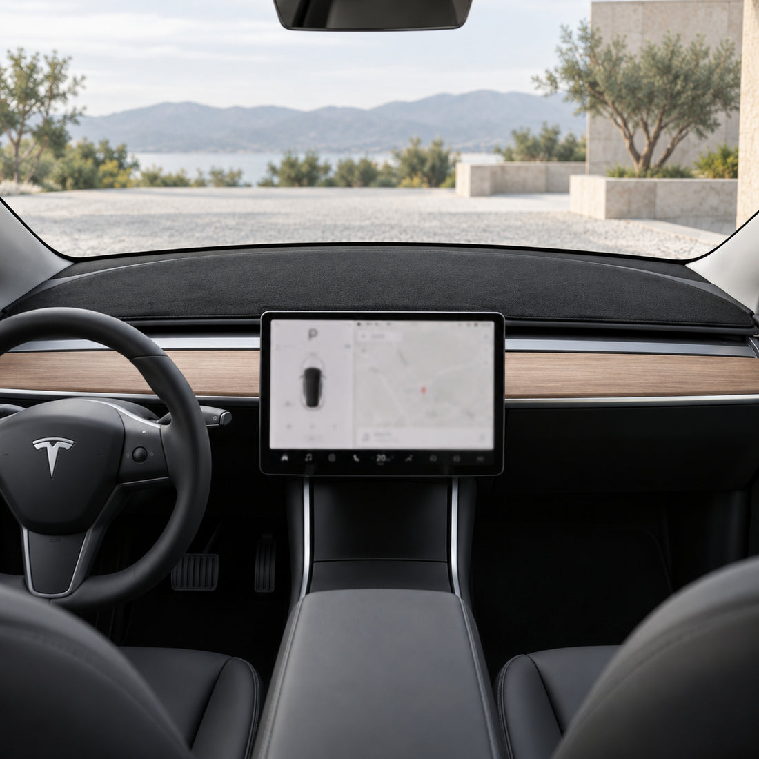 One black TESERY flannel front dashboard mat for legacy Tesla Model 3 and Model Y, shown alone on a pure white background.